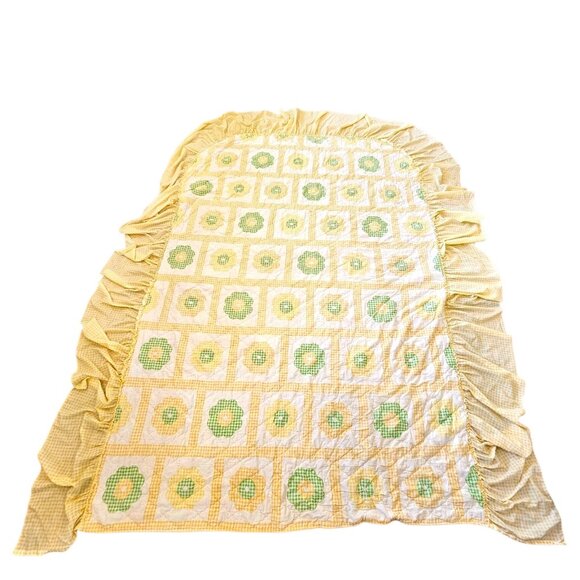 Retro‎ Country Quilted Thin Bedspread Coverlet Yellow Green Queen King Floral - Picture 2 of 12